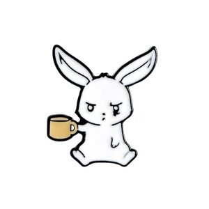 Cute & Funny White Rabbit Enamel Pin – Coffee Lover Brooch